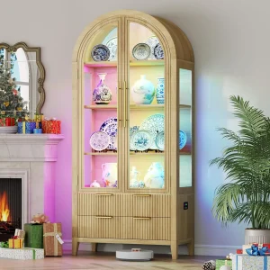 71" Arched Curio Cabinet  4-Shelves and 2 Drawers