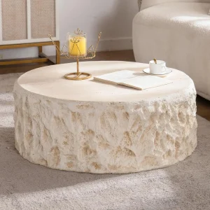 31.5" White Round Coffee Table with Vintage Faux Stone Design