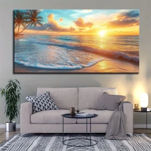 1.5 inch thick pine solid wood frame, ocean sunset