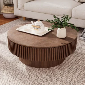 Round Wood Coffee Table Storage Shelf