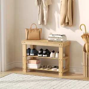 3 Tier Wood Shoe Cabinet Bamboo Storage Bench